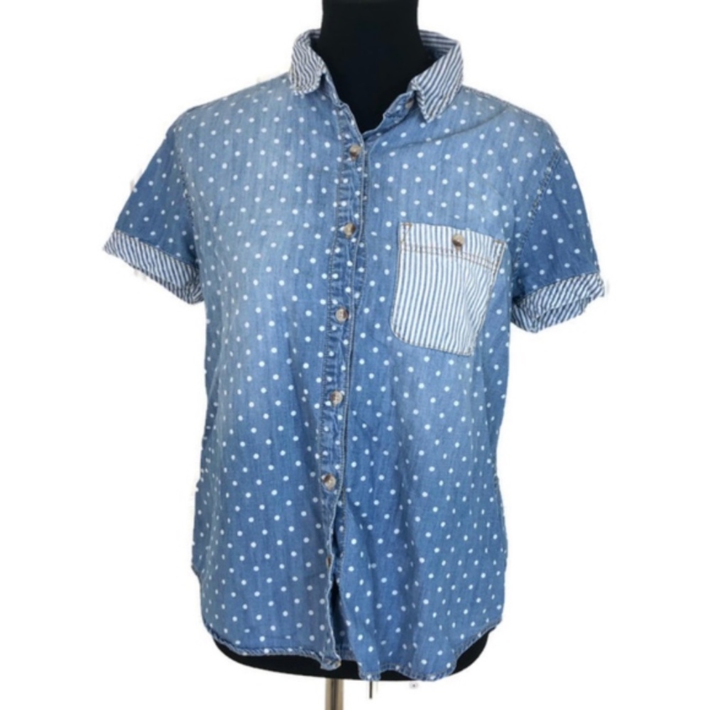 BDG Women's Blue Chambray Polka Dot Striped Button Down Shirt size M